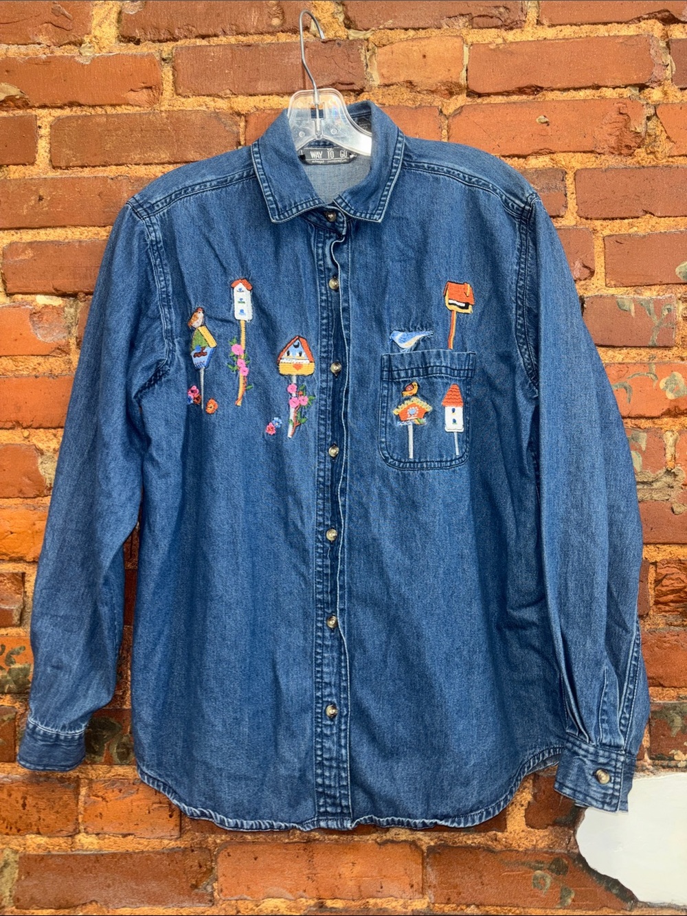Vintage Embroidered Birds & Birdhouse Denim Button-Up Shirt - Blue Size Medium